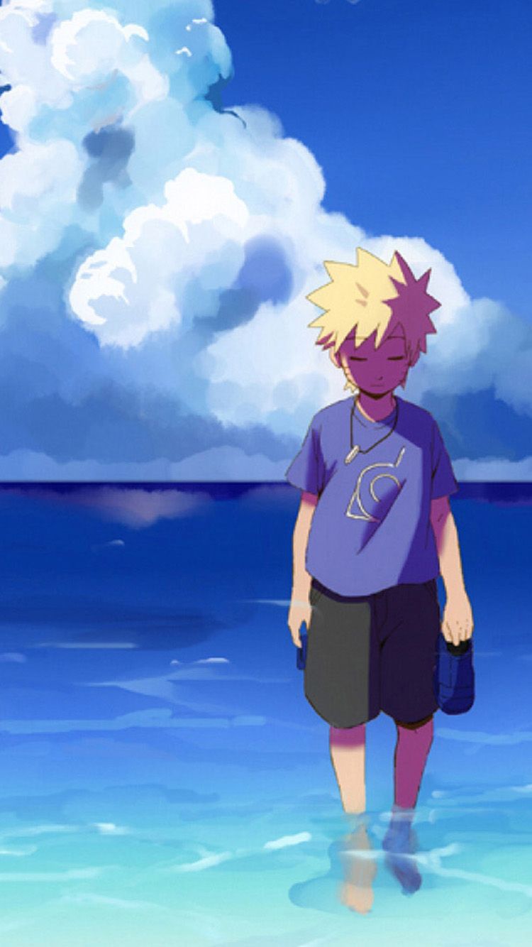 A person standing in the ocean with his backpack - Naruto, blue anime