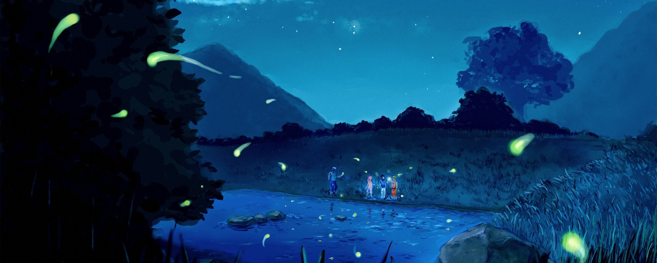 A painting of people walking by water with fireflies - Naruto, Kakashi Hatake, Sasuke Uchiha