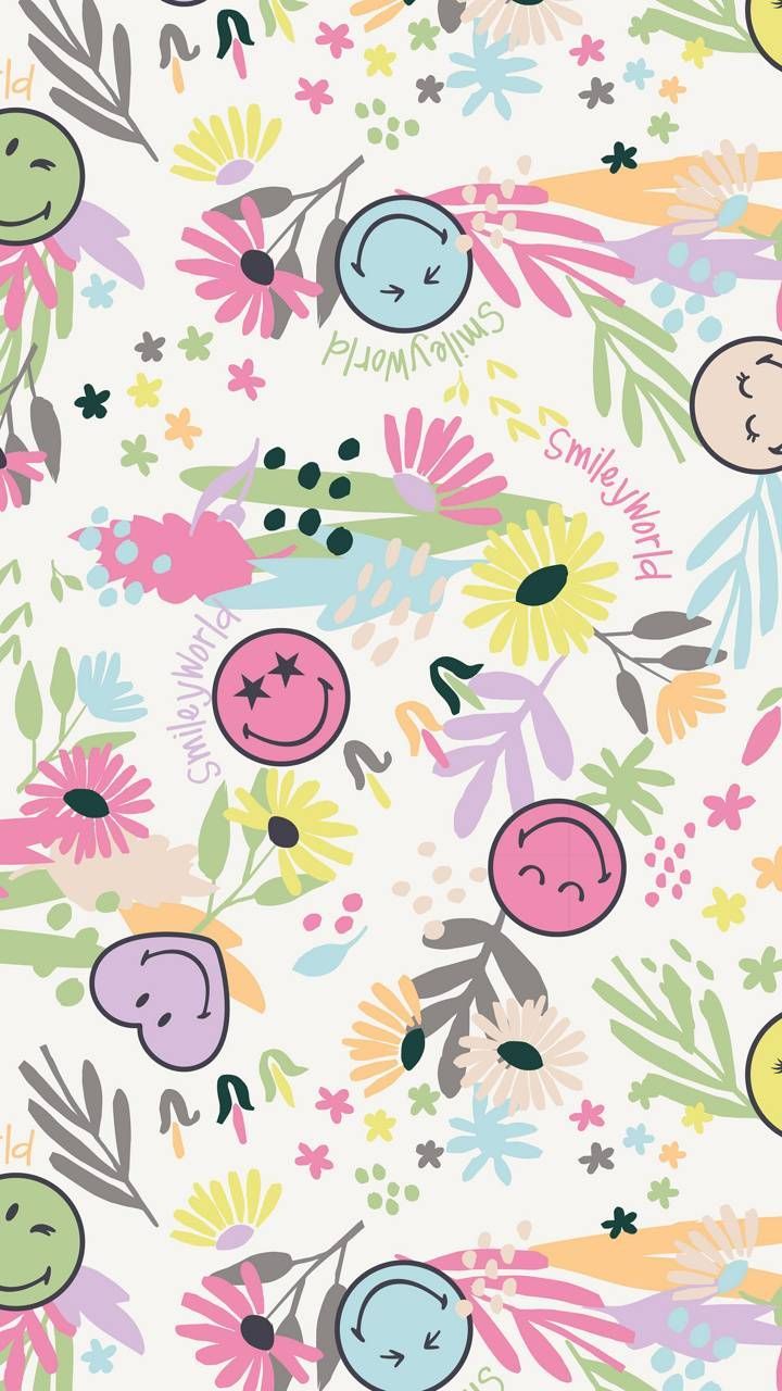 A colorful pattern of flowers and smiley faces - Easter