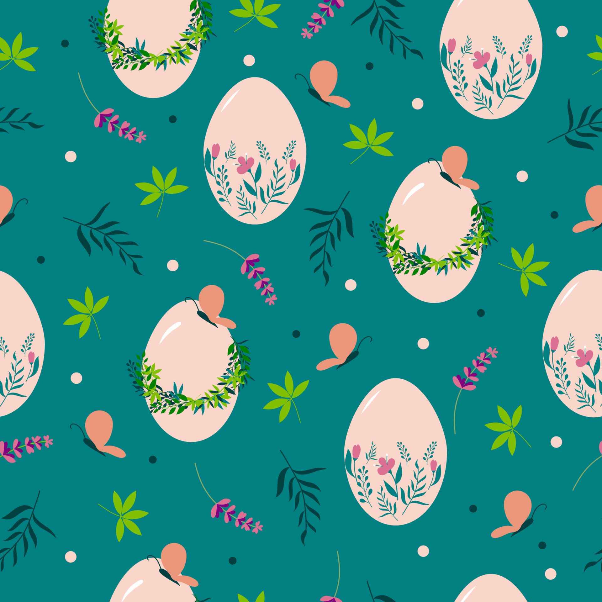 Colourful Easter seamless pattern with hand drawn eggs, flowers, elegant leaves and butterflies for banners, wallpaper, wraps, textiles. Vector illustration