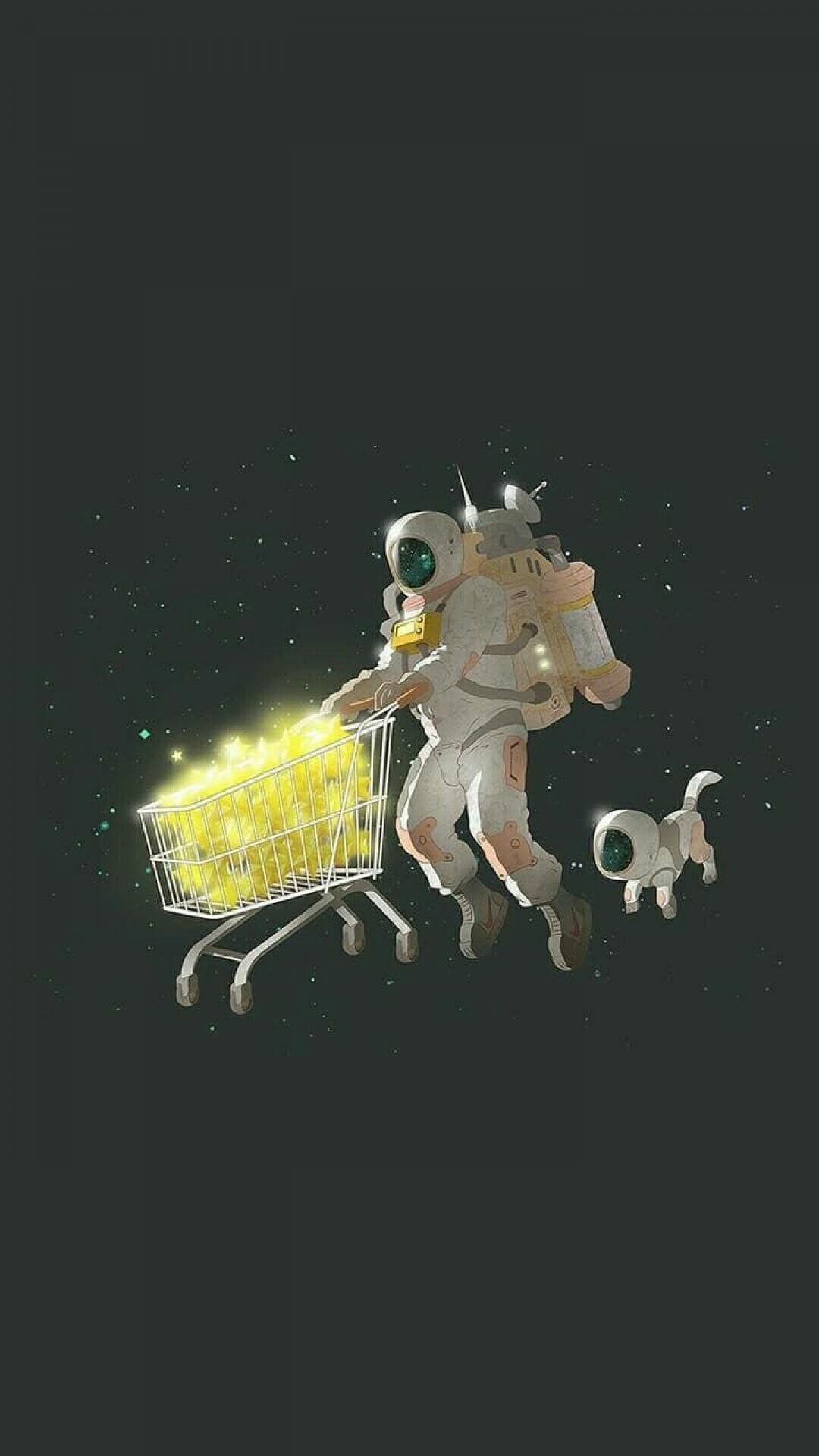 A cartoon of an astronaut pushing his shopping trolley - Astronaut, space
