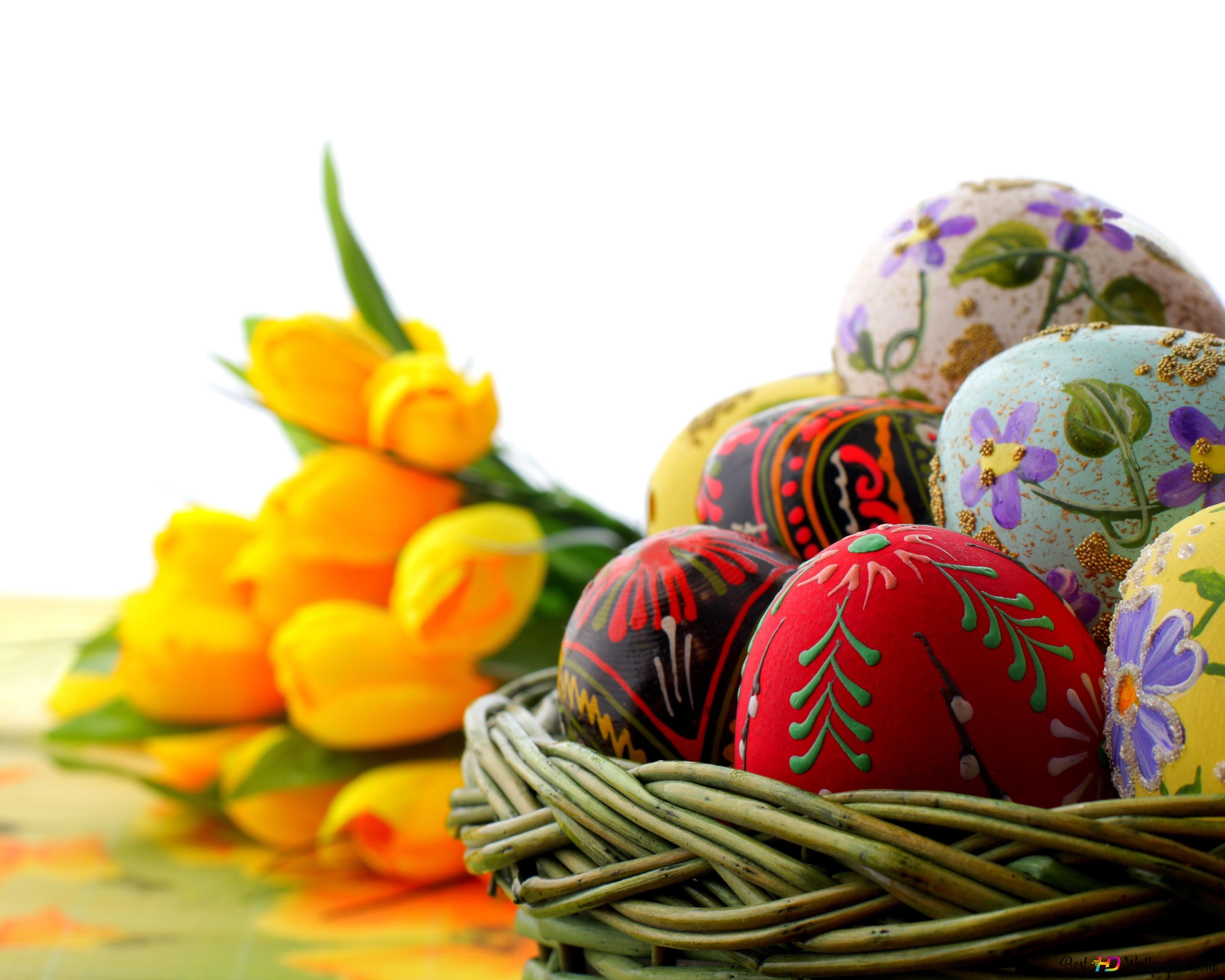 Easter aesthetic painted eggs in a basket and a bunch of yellow tulips 8K wallpaper download