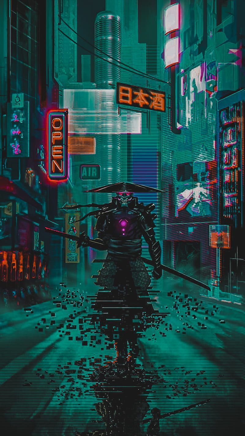 A man walking down the street at night - Cyberpunk