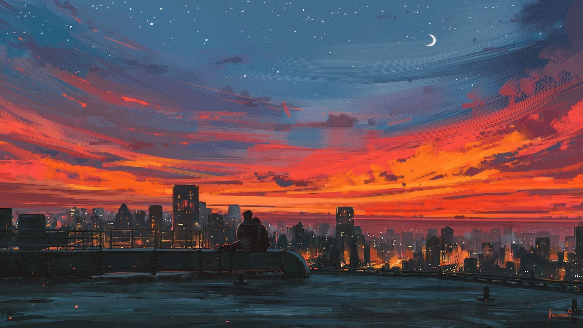 A painting of the city at sunset - Desktop, cool, Windows 10, cityscape, skyline, sunset, computer, anime sunset