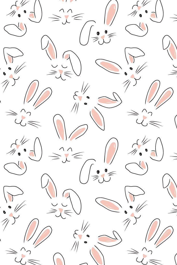 Cute easter wallpaper, white background, with drawings of bunnies, pink noses and ears, wallpaper for phone, in the same color - Easter