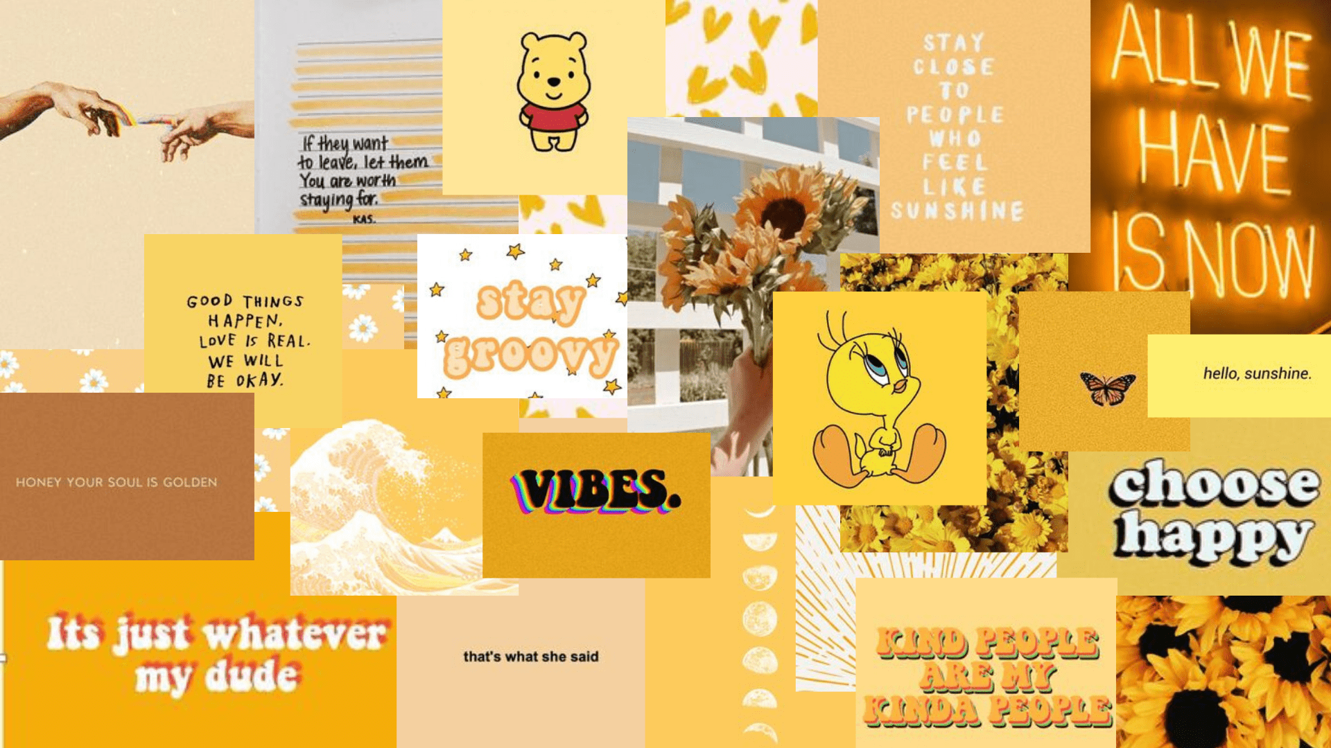 A collage of yellow and brown aesthetic pictures. - Happy, yellow, sunshine, collage, honey, laptop