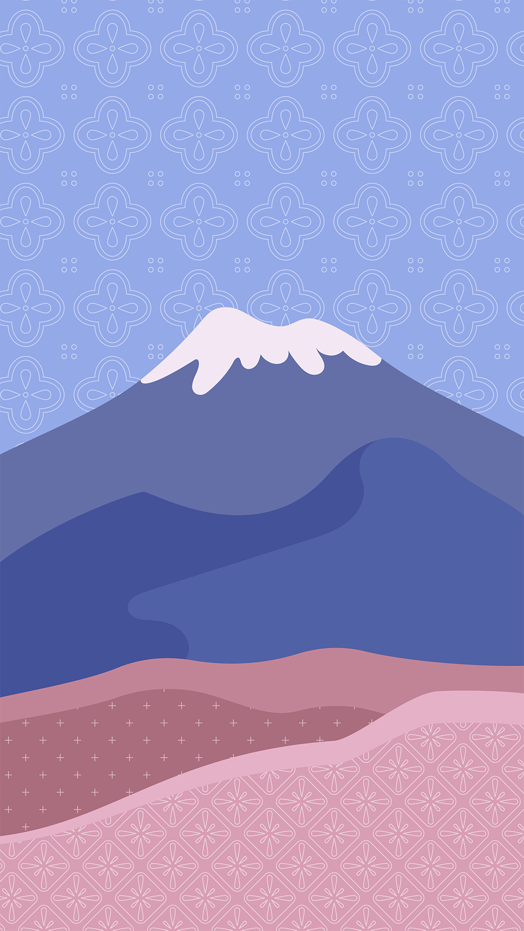 Illustration of a blue mountain with a white peak against a patterned background - Minimalist, phone