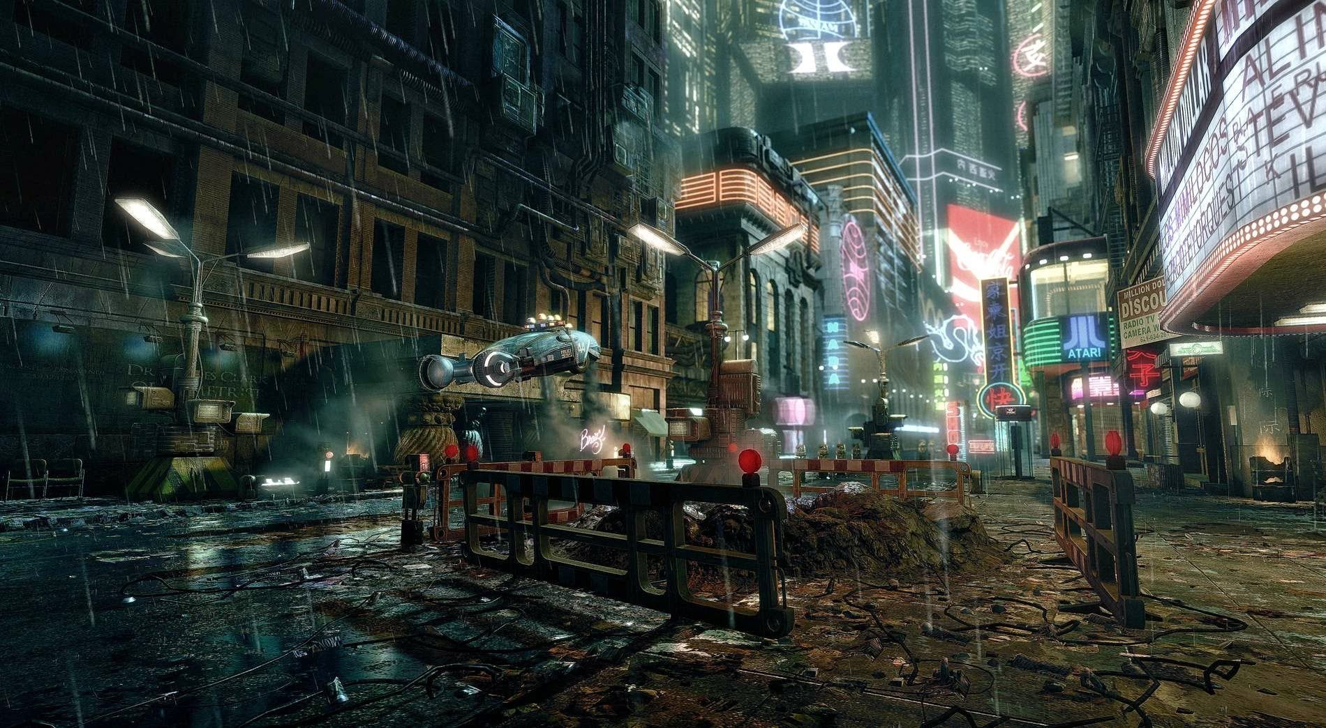 A Cyberpunk 2077 screenshot of a rain-soaked city street at night. - Cyberpunk