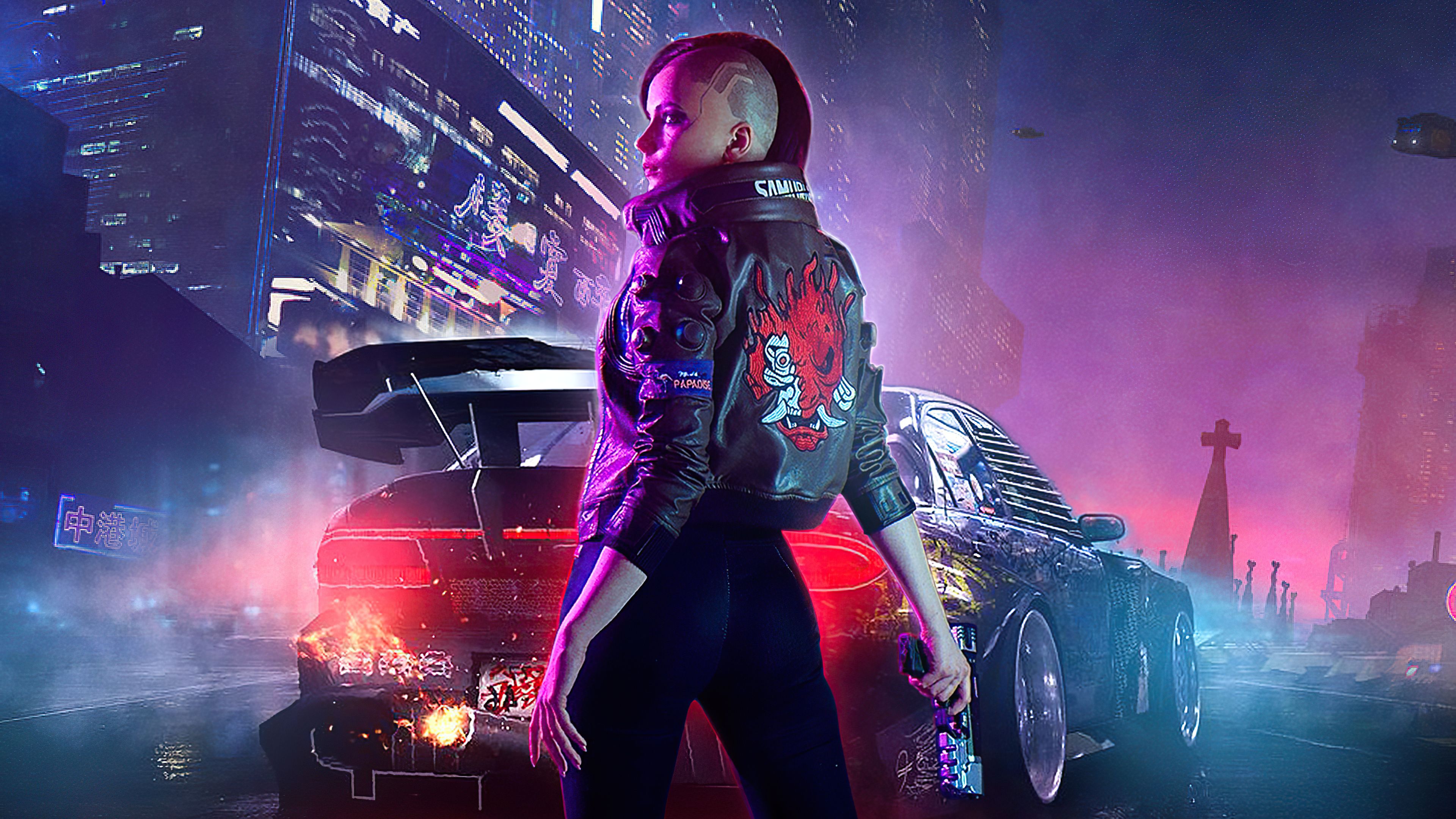 A woman in black leather jacket standing next to car - Cyberpunk