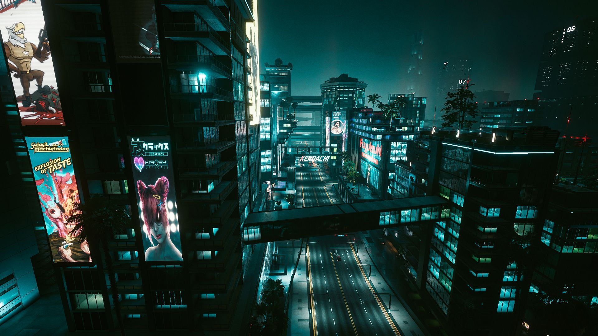 A Cyberpunk 2077 screenshot of a night time cityscape with a view of the road and buildings below - Cyberpunk