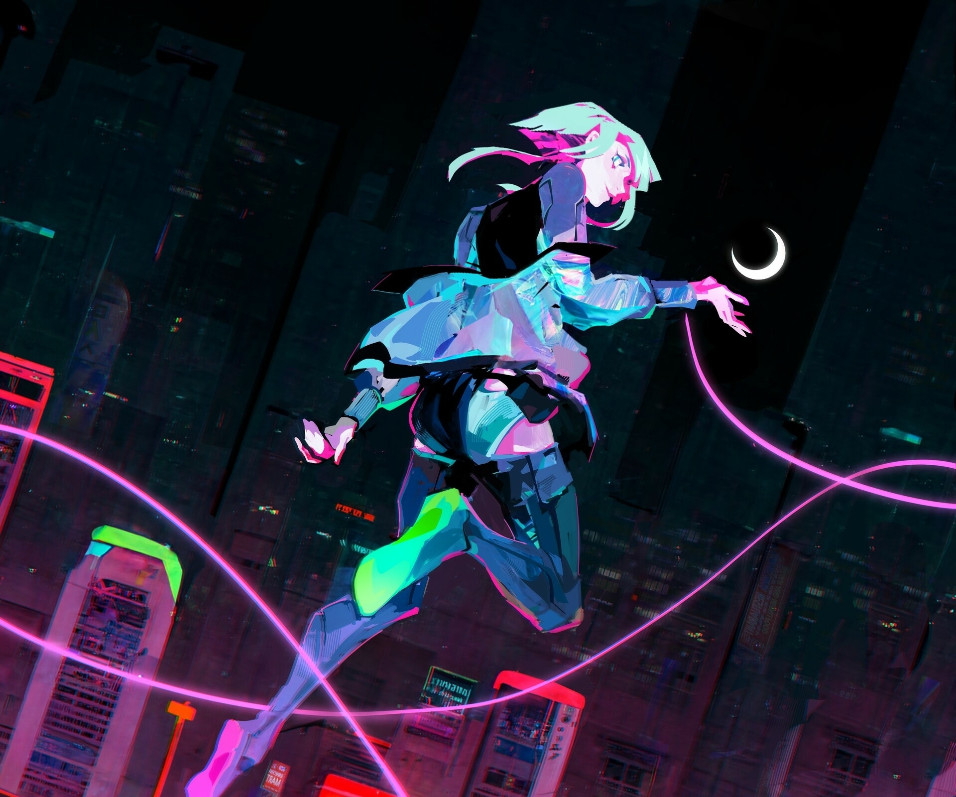 A woman is flying through the air - Cyberpunk