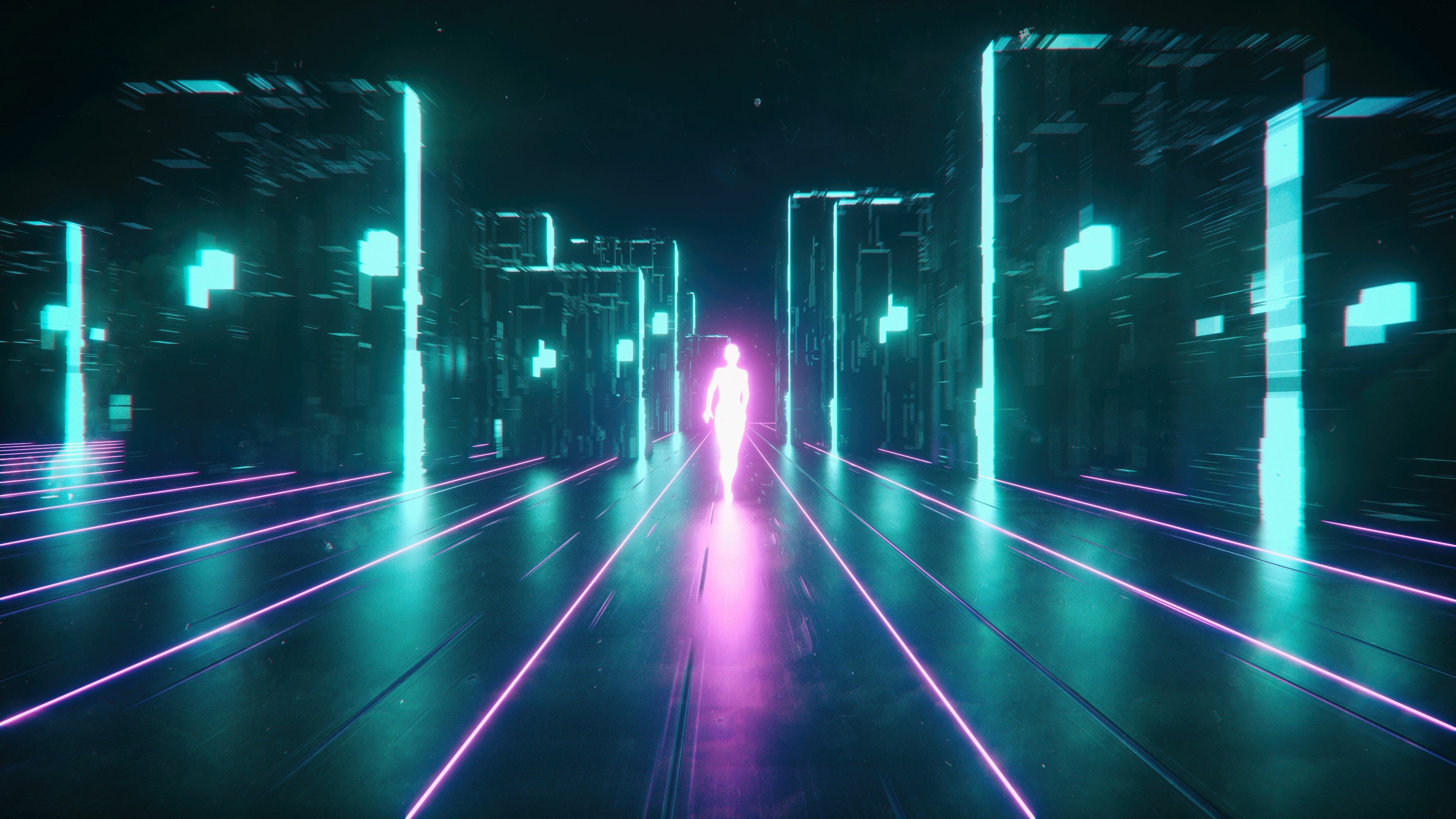 A person walking through neon lights in the city - Cyberpunk