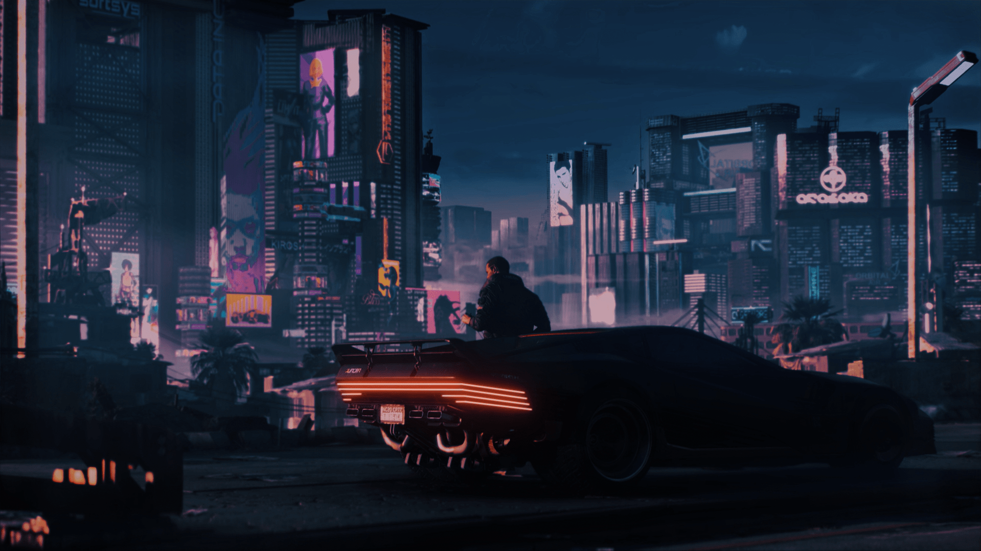 A man sitting on the back of a car in a cyberpunk city - Cyberpunk