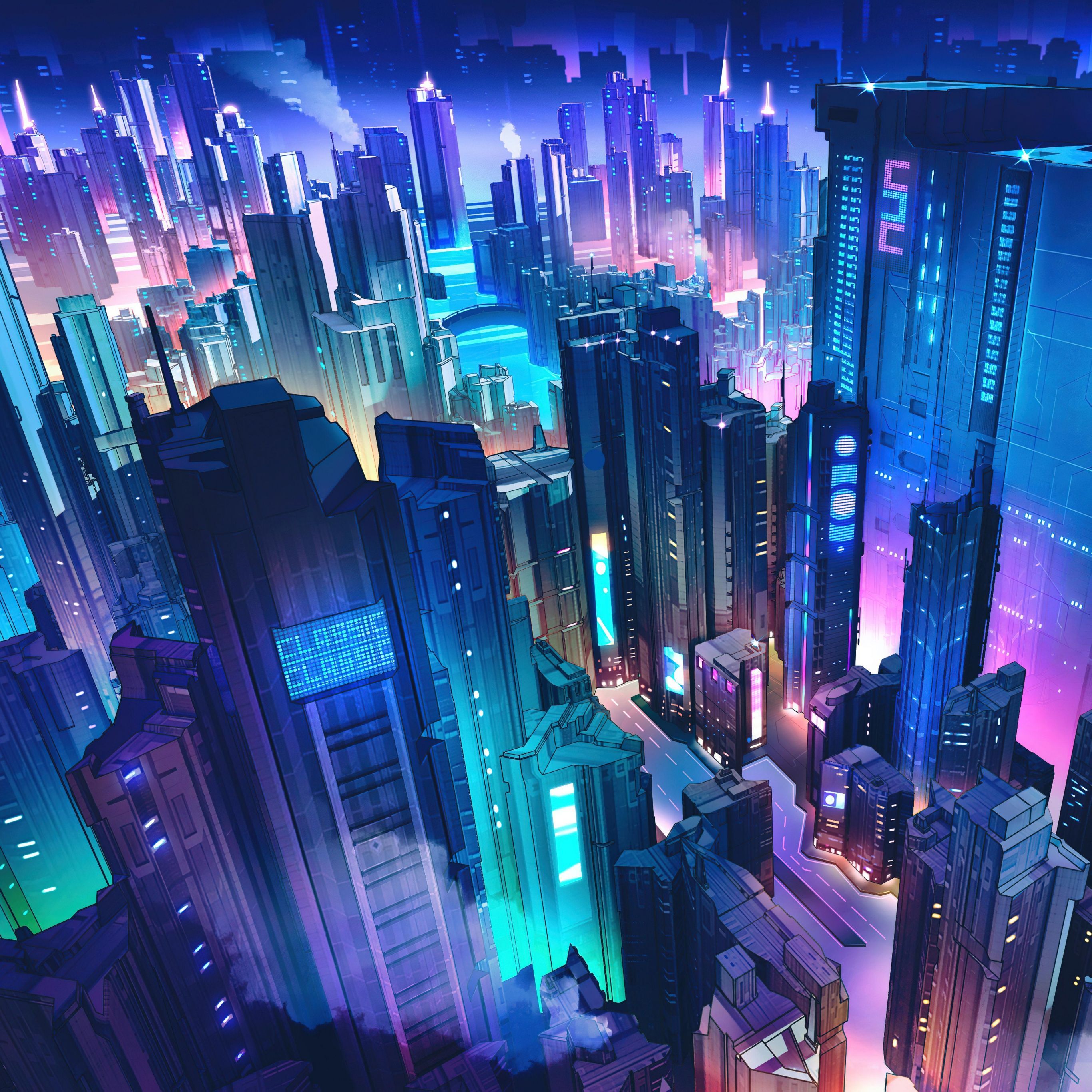 An illustration of a futuristic city with neon lights - Cyberpunk