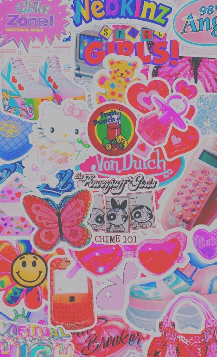 A pink and purple sticker collage - Y2K