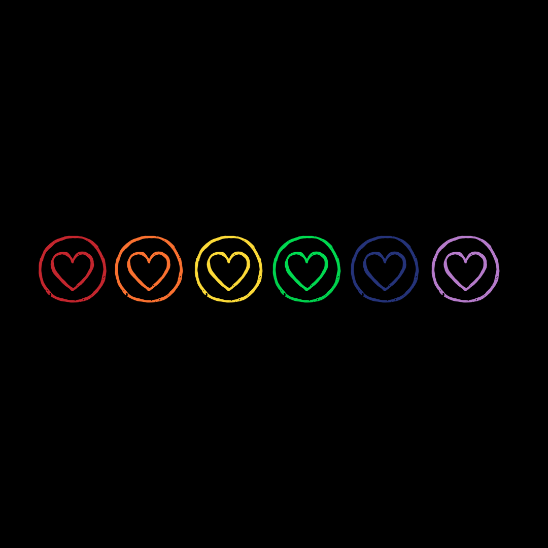 A row of six circles in rainbow colours, each containing a white heart - Pride