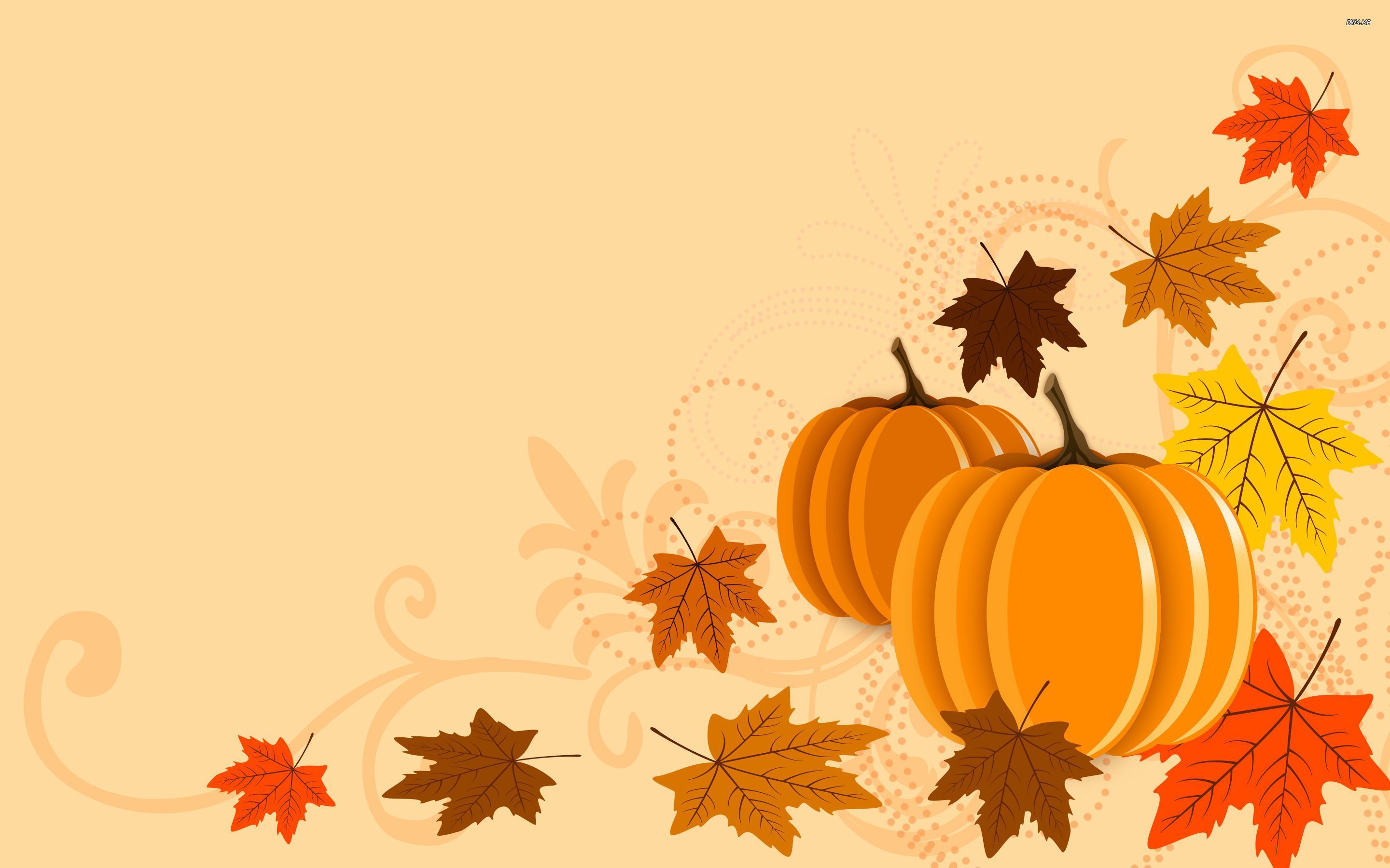 Thanksgiving wallpaper - pumpkins and autumn leaves on a beige background - Pumpkin