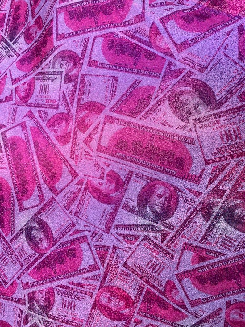 Money Print Fabric Pink Dollar Bills Stretch Spandex