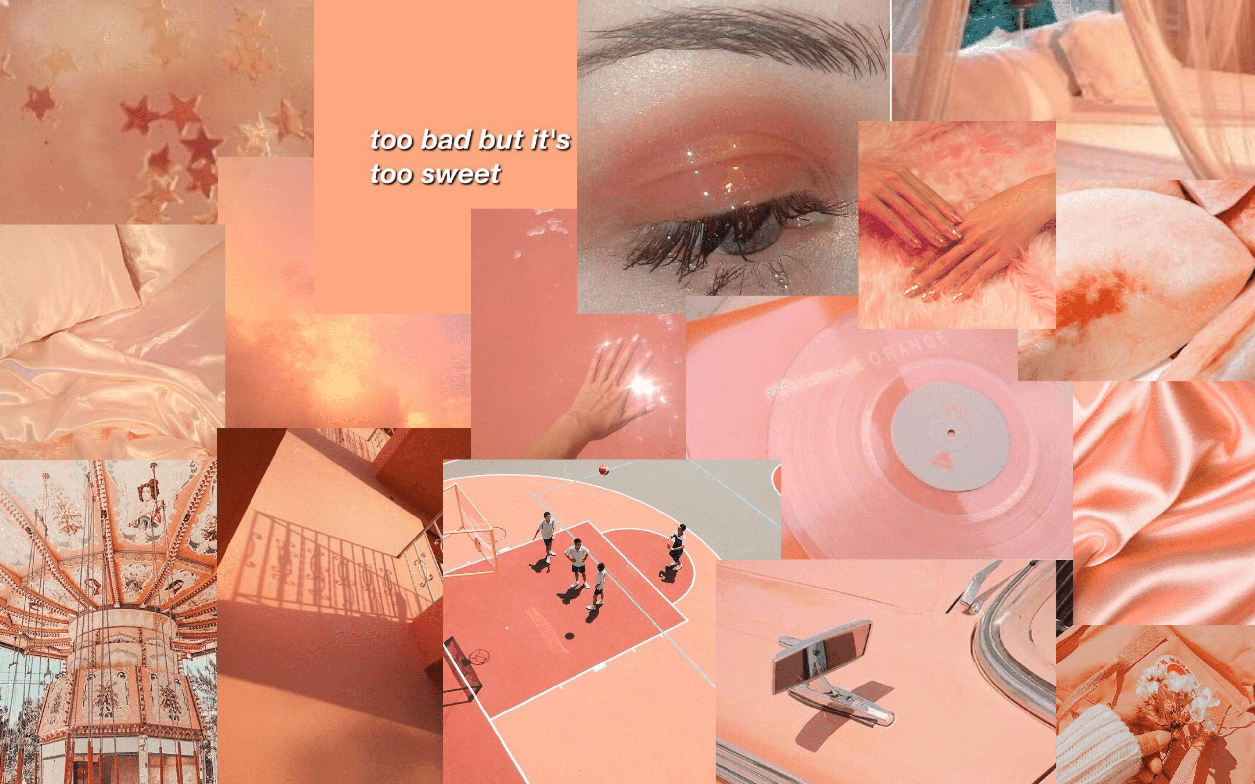 Aesthetic collage of pink and orange images including a roller coaster, an eye, and a basketball court. - Peach