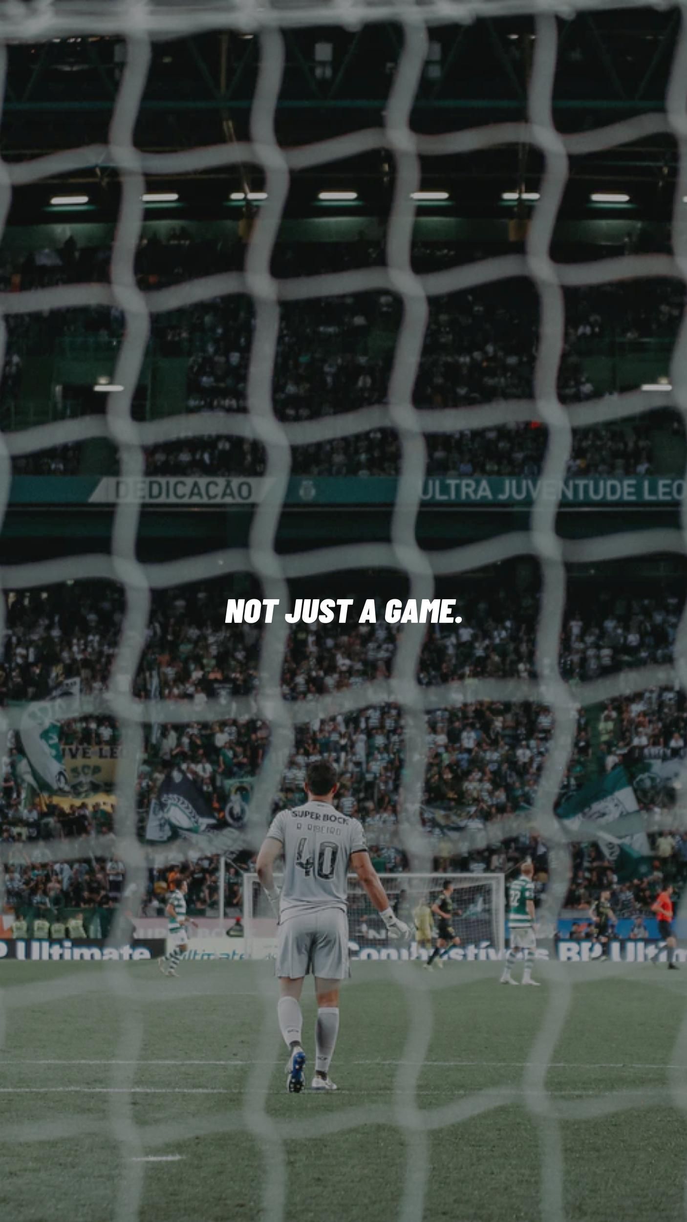 A soccer player standing in front of the goal with a phrase 