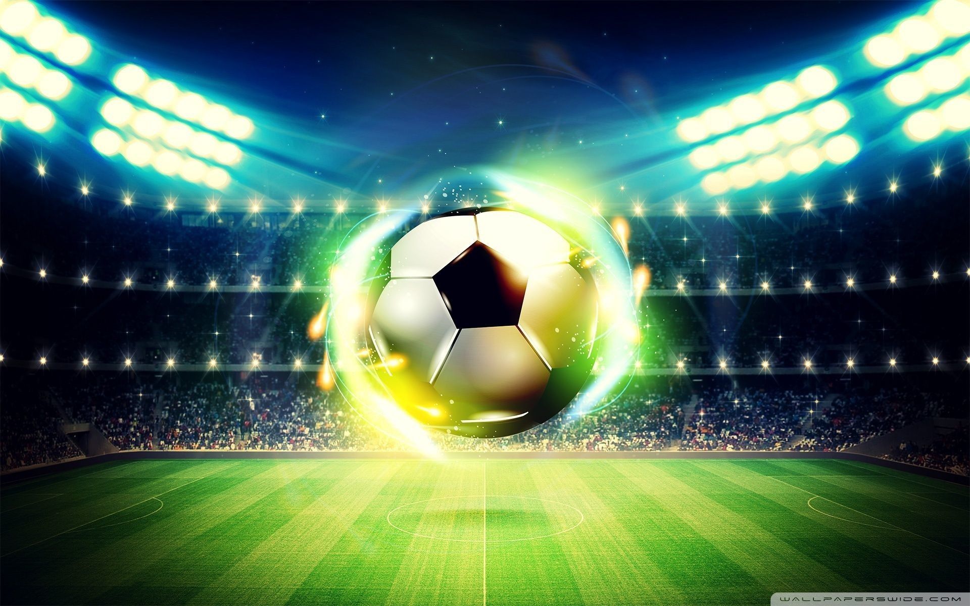Soccer ball in the air with stadium lights - Soccer