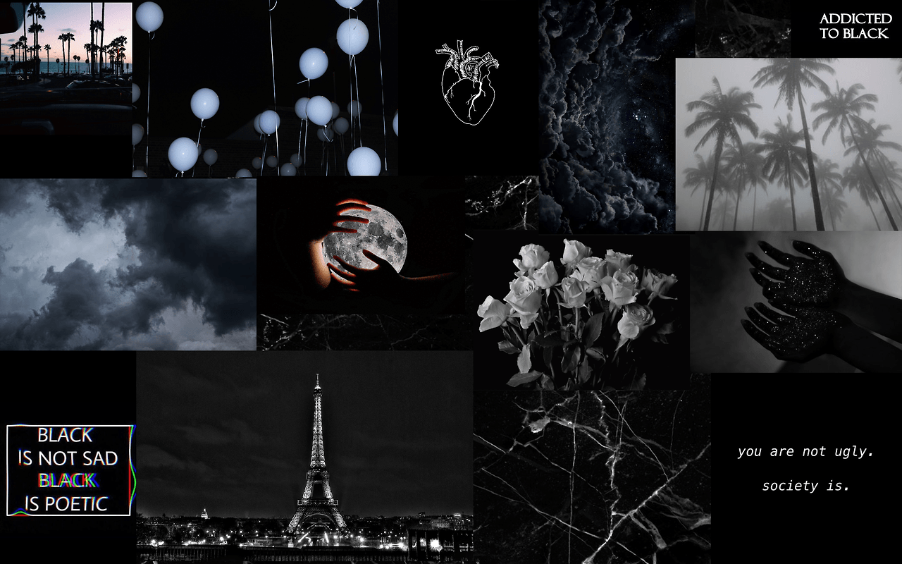 A collage of black and white images including the Eiffel Tower, hands, flowers, balloons, and a heart. - Laptop, grunge, Twilight, sad, black, gothic, Chromebook