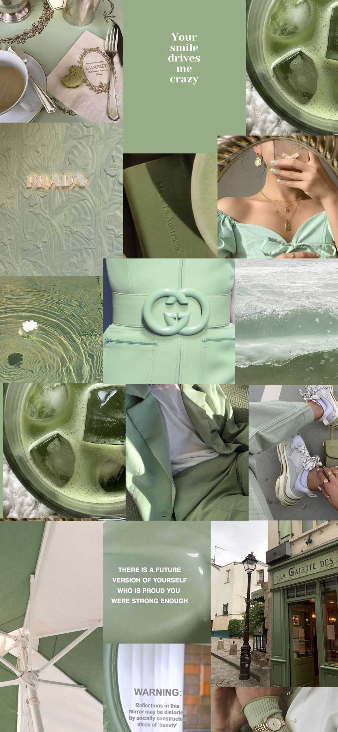 A collage of pictures with green backgrounds - Champagne, mint green, pastel green