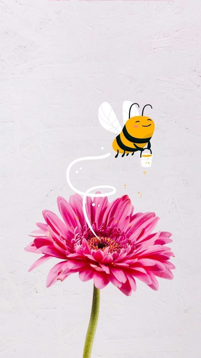 A bee is flying over the top of pink flower - Bee