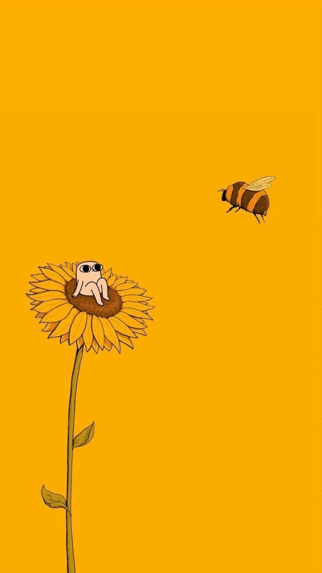 Yellow background, sunflower, bee, cartoon, aesthetic wallpaper, phone background - Bee
