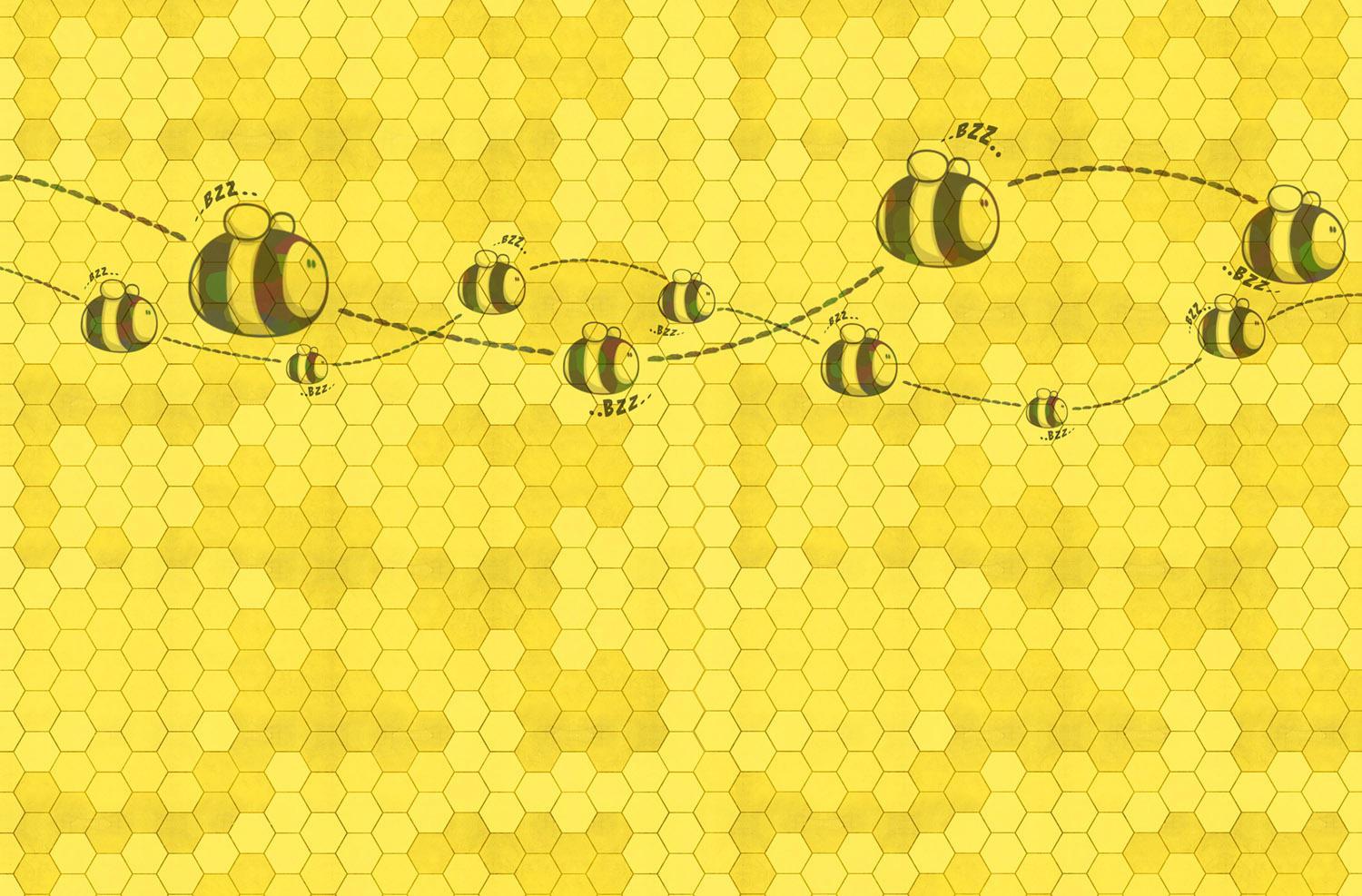 A yellow background with bees flying around - Bee, honey
