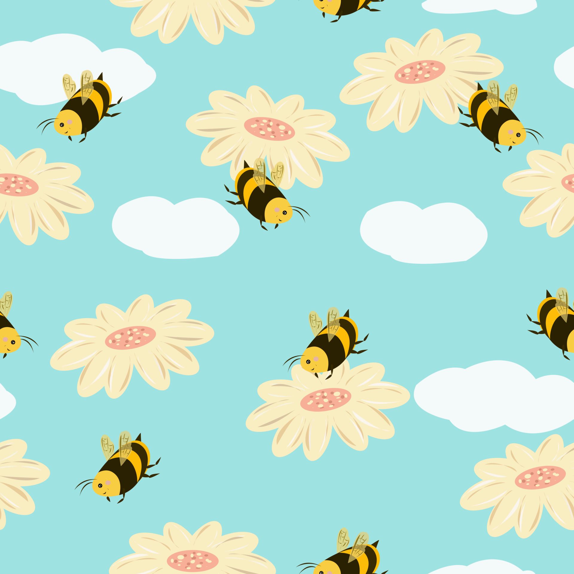 Seamless pattern of funny bees and daisies with clouds
