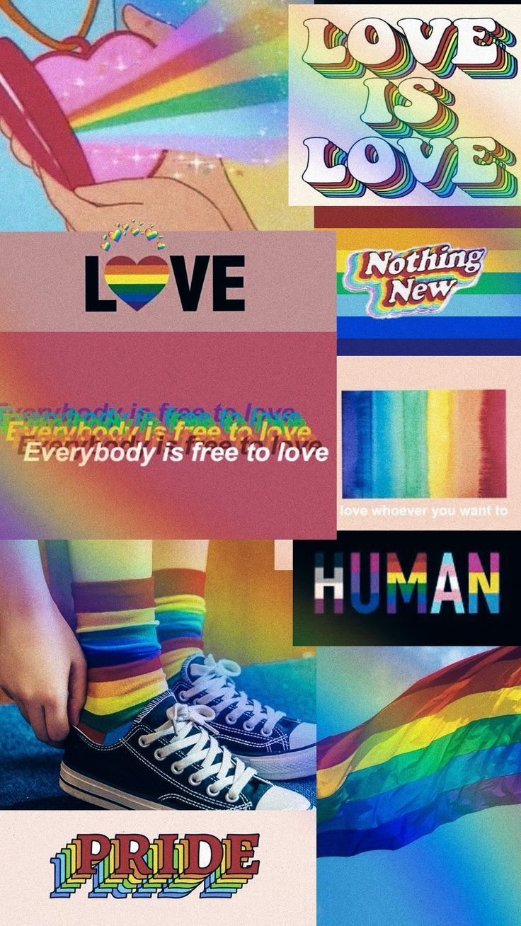 A collage of images with the theme of pride, including the colours of the rainbow flag, the word love, and the words human and pride. - Pride