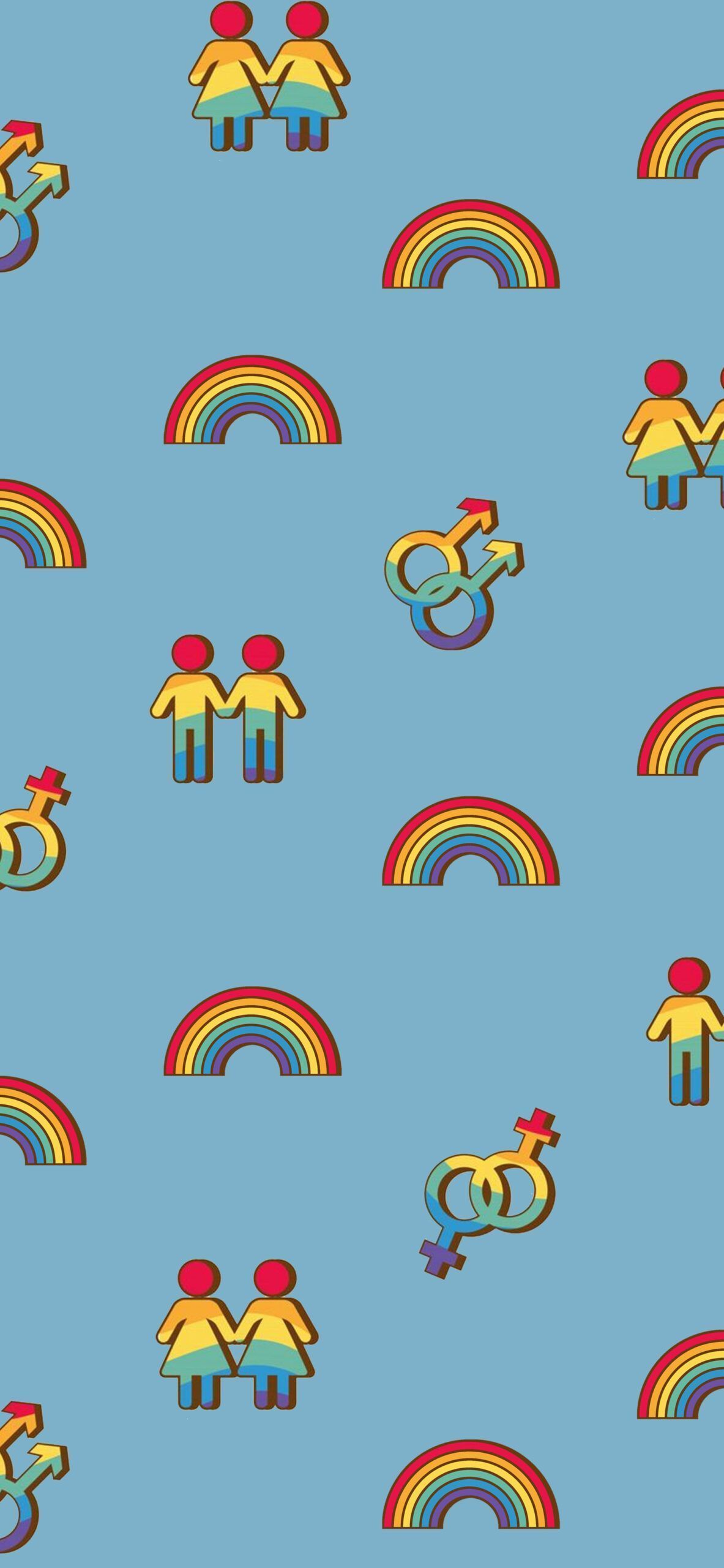 A blue background with rainbows, gender symbols and same-sex couples. - Pride, LGBT