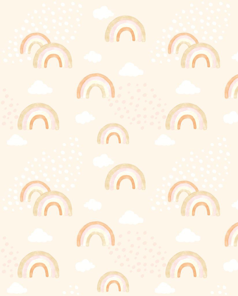A rainbow pattern on a beige background with white clouds. - Boho