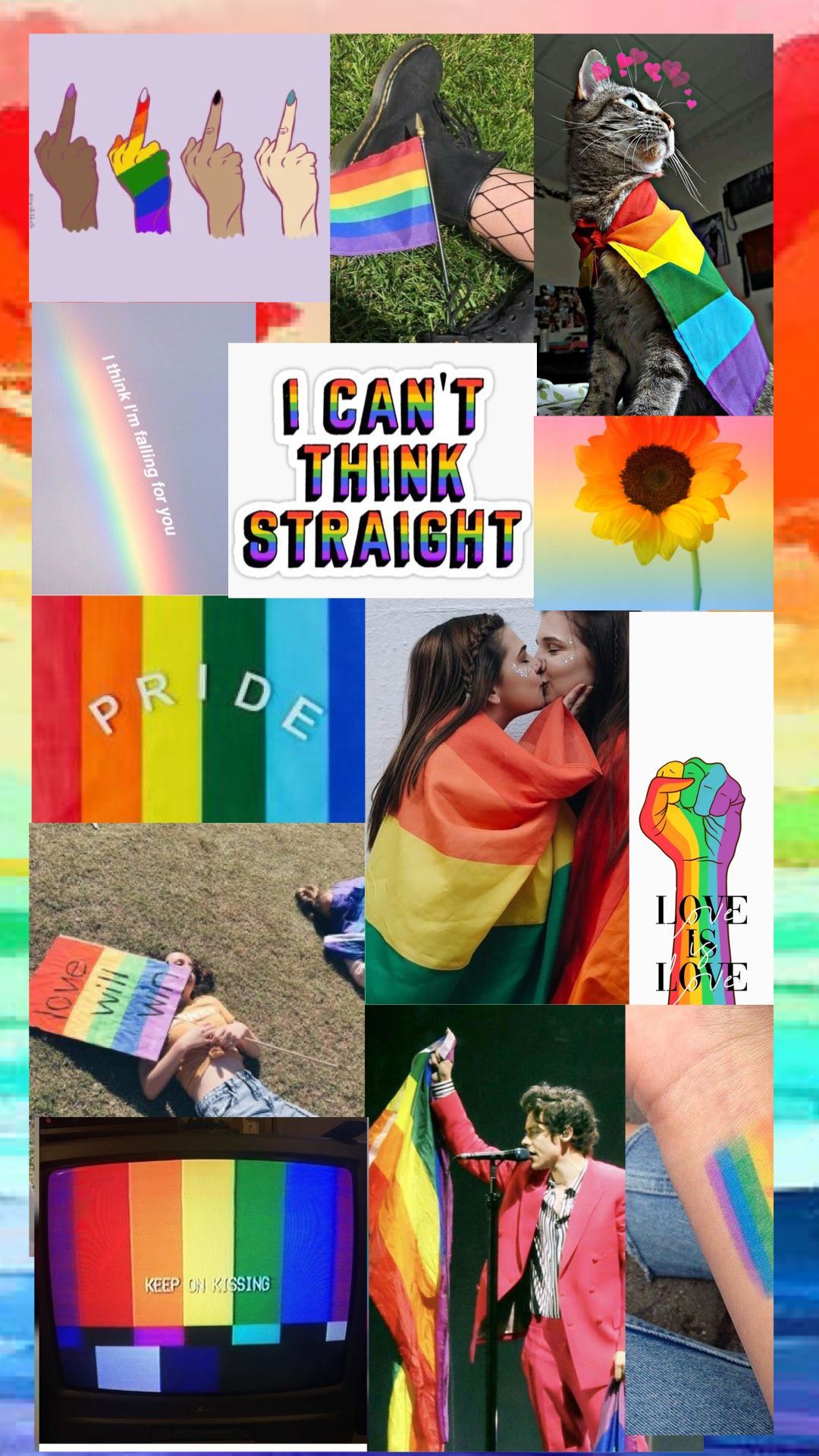 A collage of images of lgbtq+ pride, including a rainbow flag, a hand holding a pride flag, and the text 