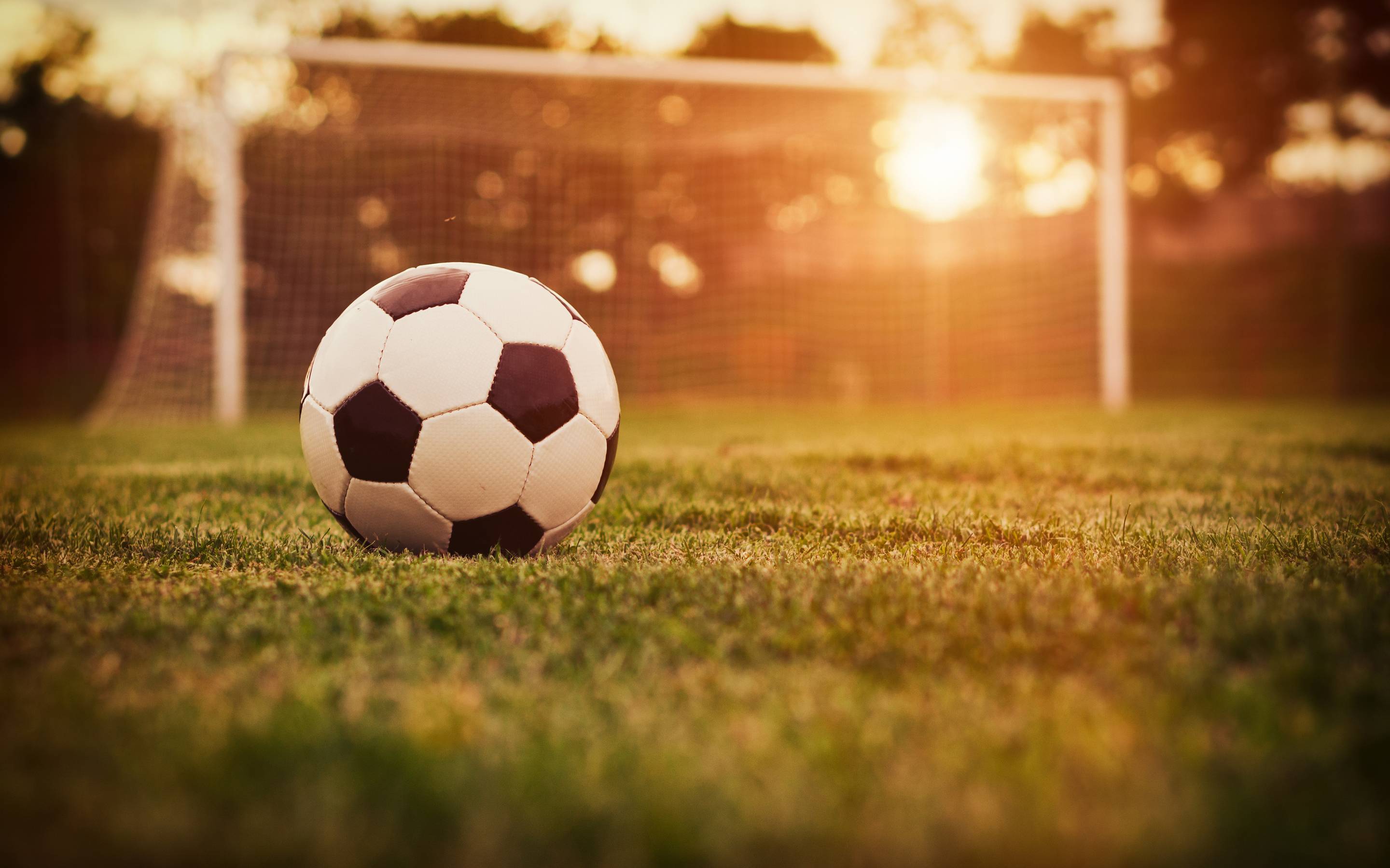 A soccer ball on a field with the sun setting in the background. - Soccer