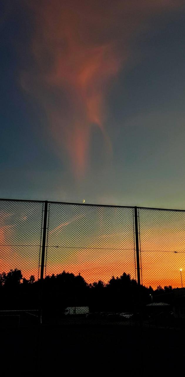 A fence in front of a sunset with a cloud that looks like a face. - Soccer