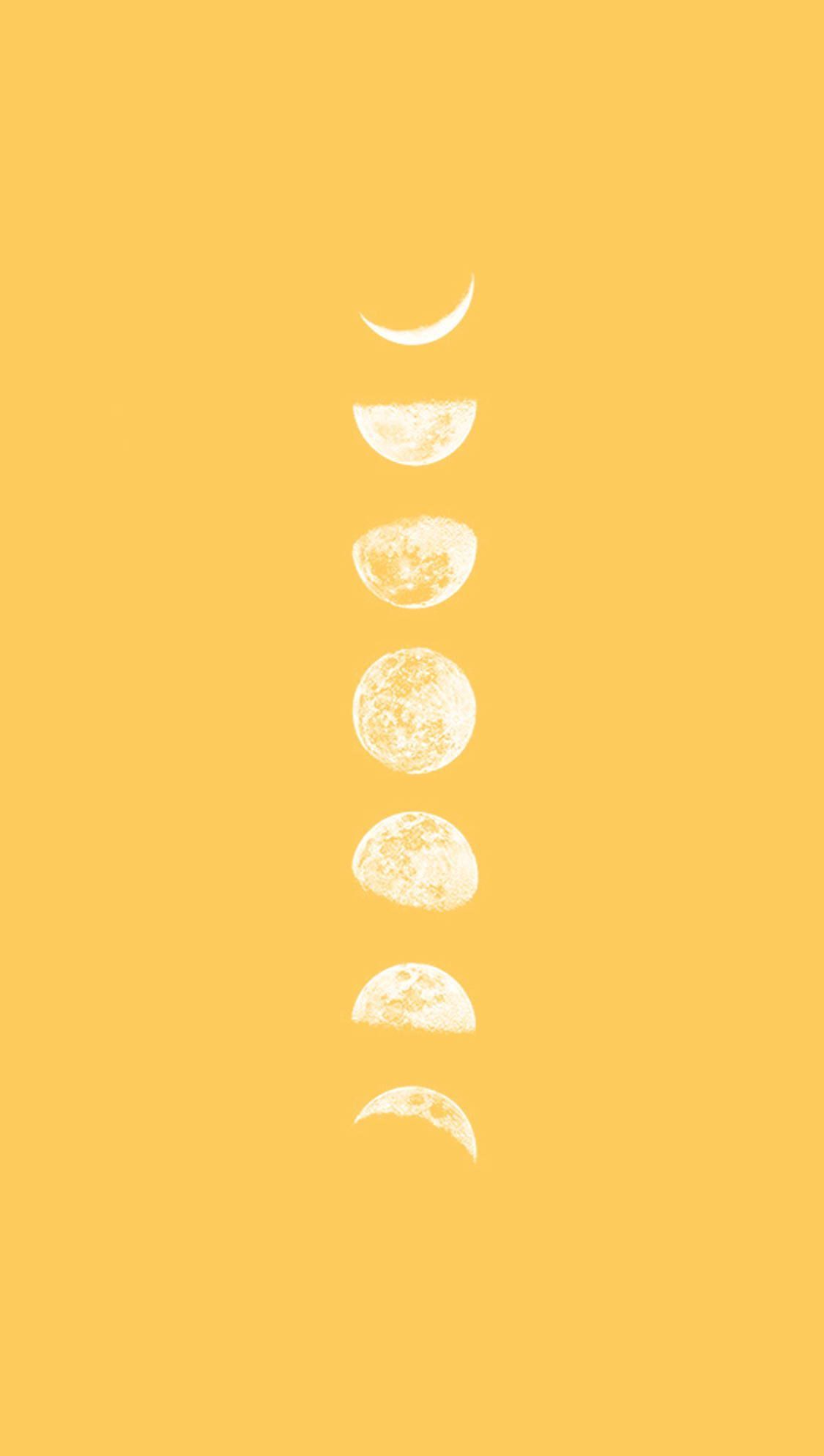 A yellow wallpaper with the different moon phases - Yellow, pastel yellow, May