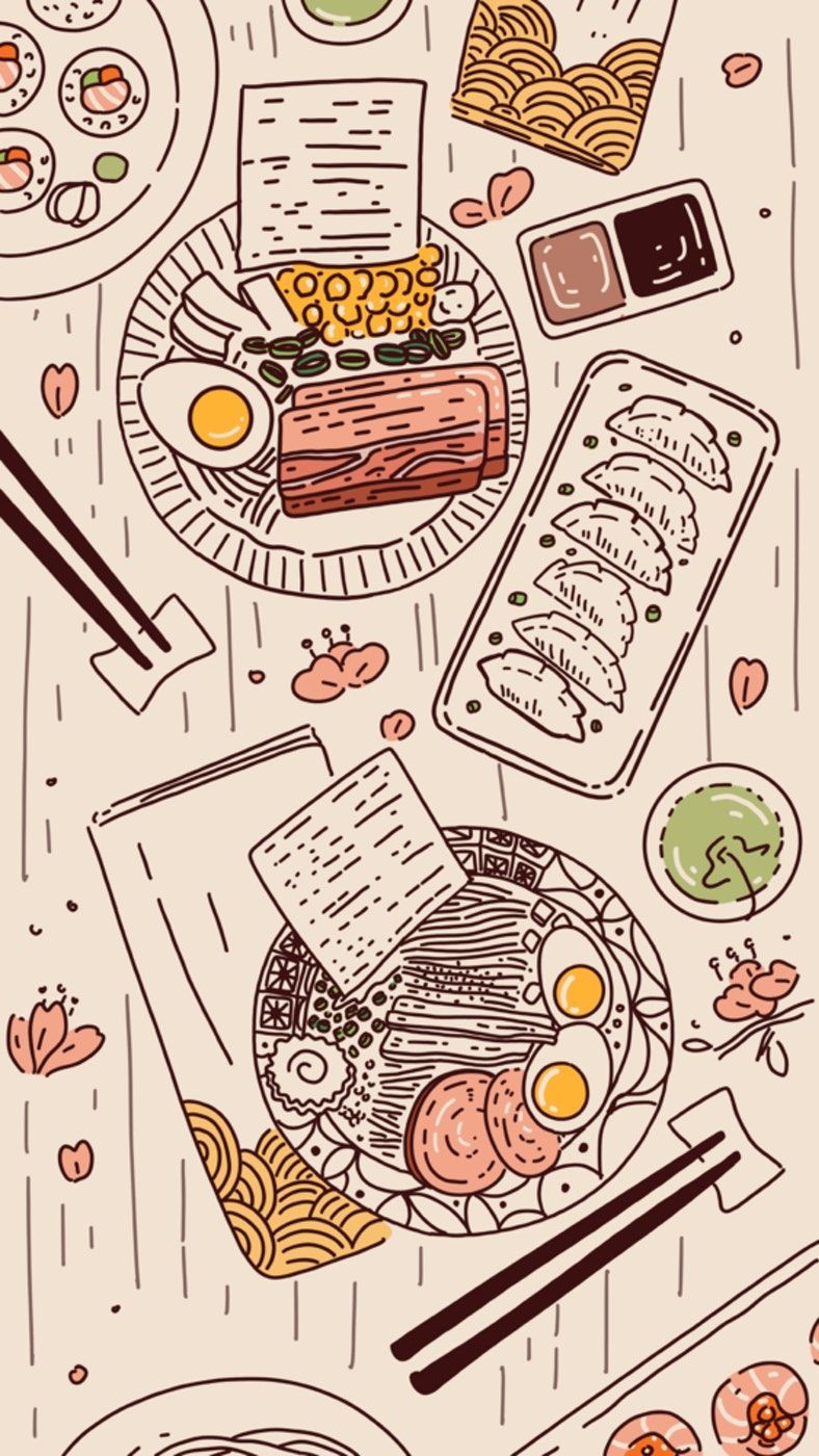 A hand drawn illustration of a table with plates of food, chopsticks, and a book. - Ramen