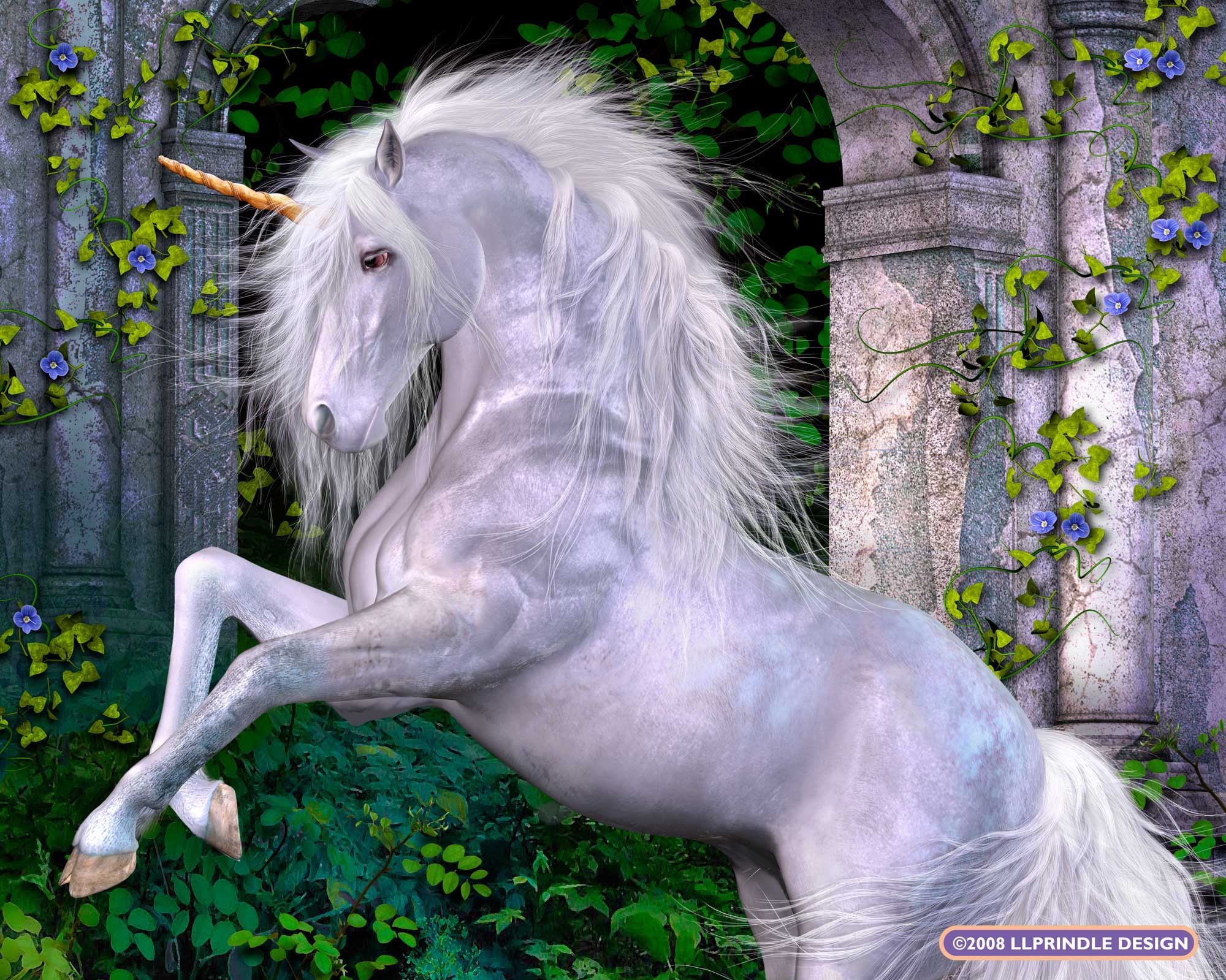 A white unicorn standing in front of an arch - Unicorn