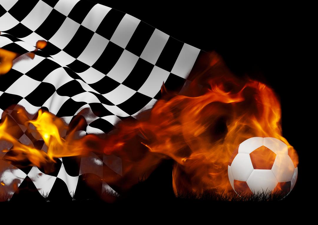 Checkered flag and soccer ball with flames against black background Photo from PikWizard