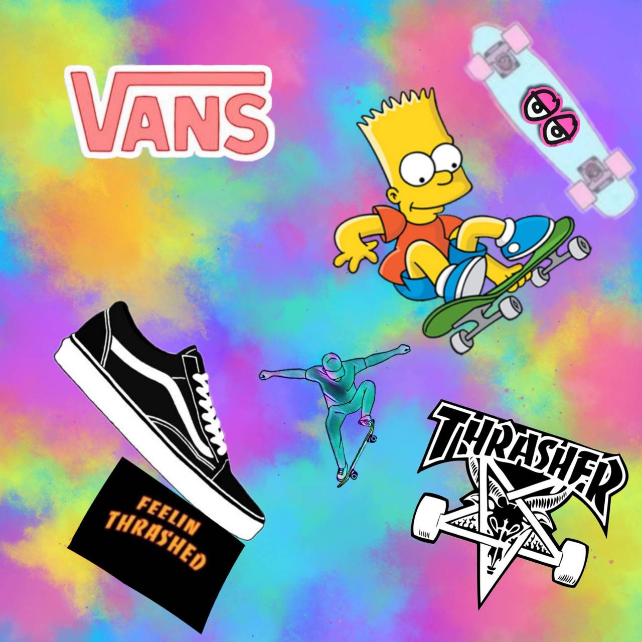 A tie-dye background with Vans, Thrasher, and The Simpsons logos on it. - Vans
