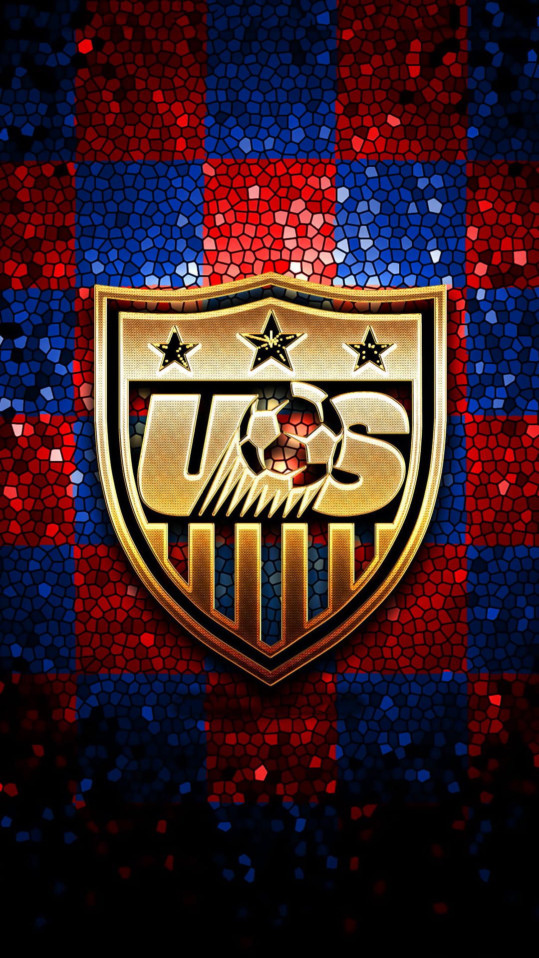 The us soccer team logo is on a red, blue and gold background - Soccer