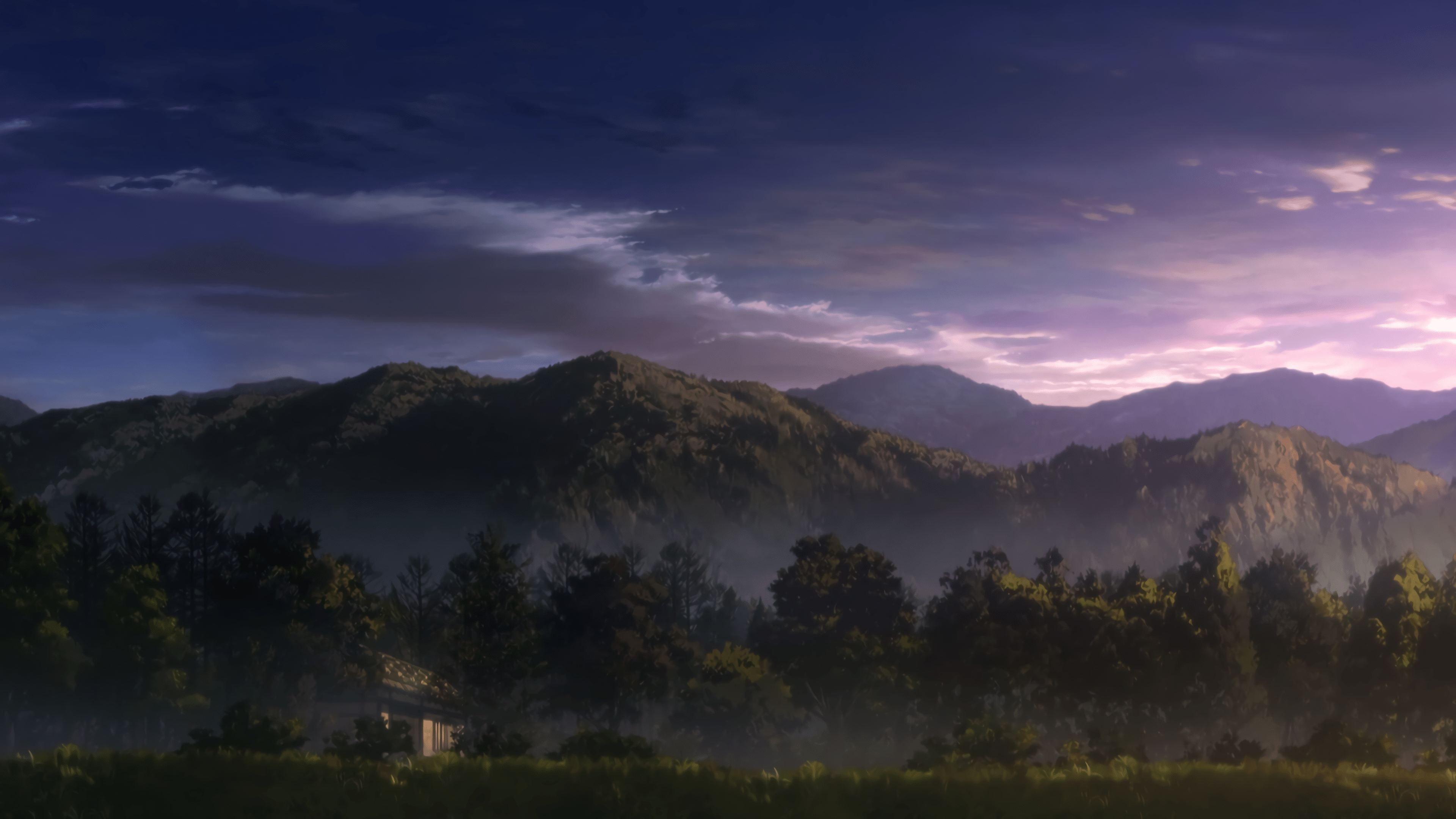 A sunset over the mountains with trees - Landscape, anime landscape, nature