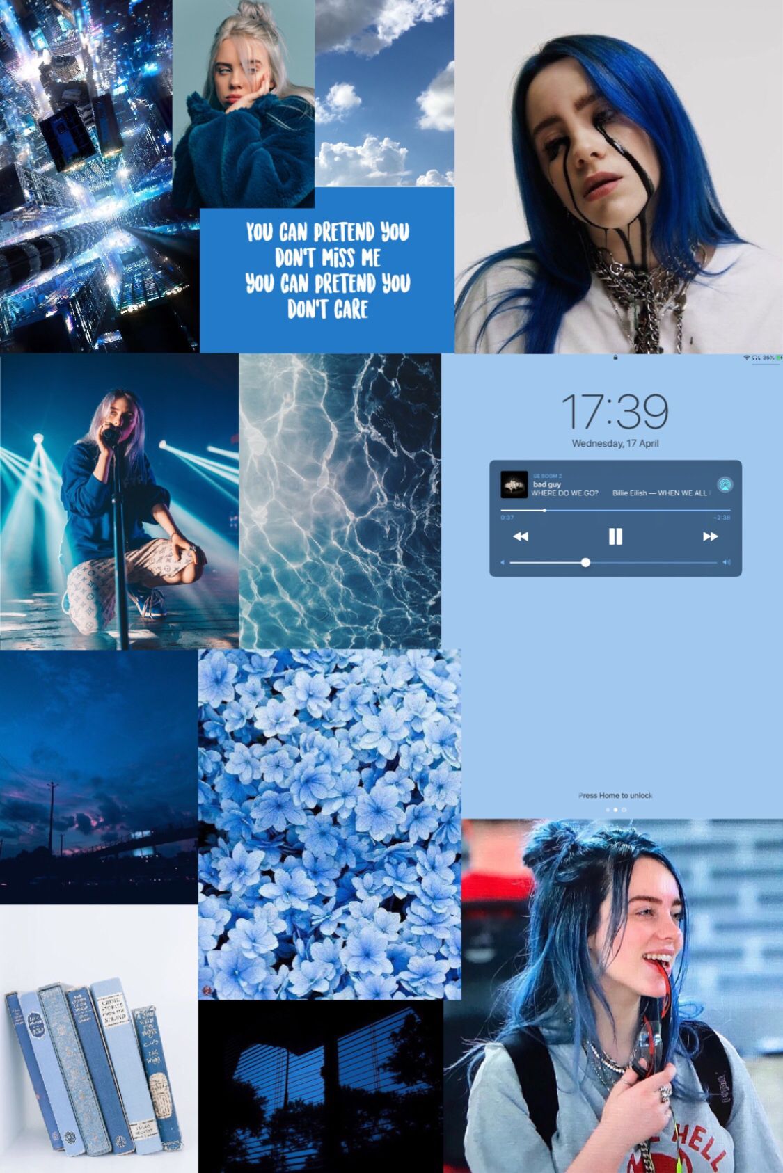 A collage of pictures with blue backgrounds - Billie Eilish