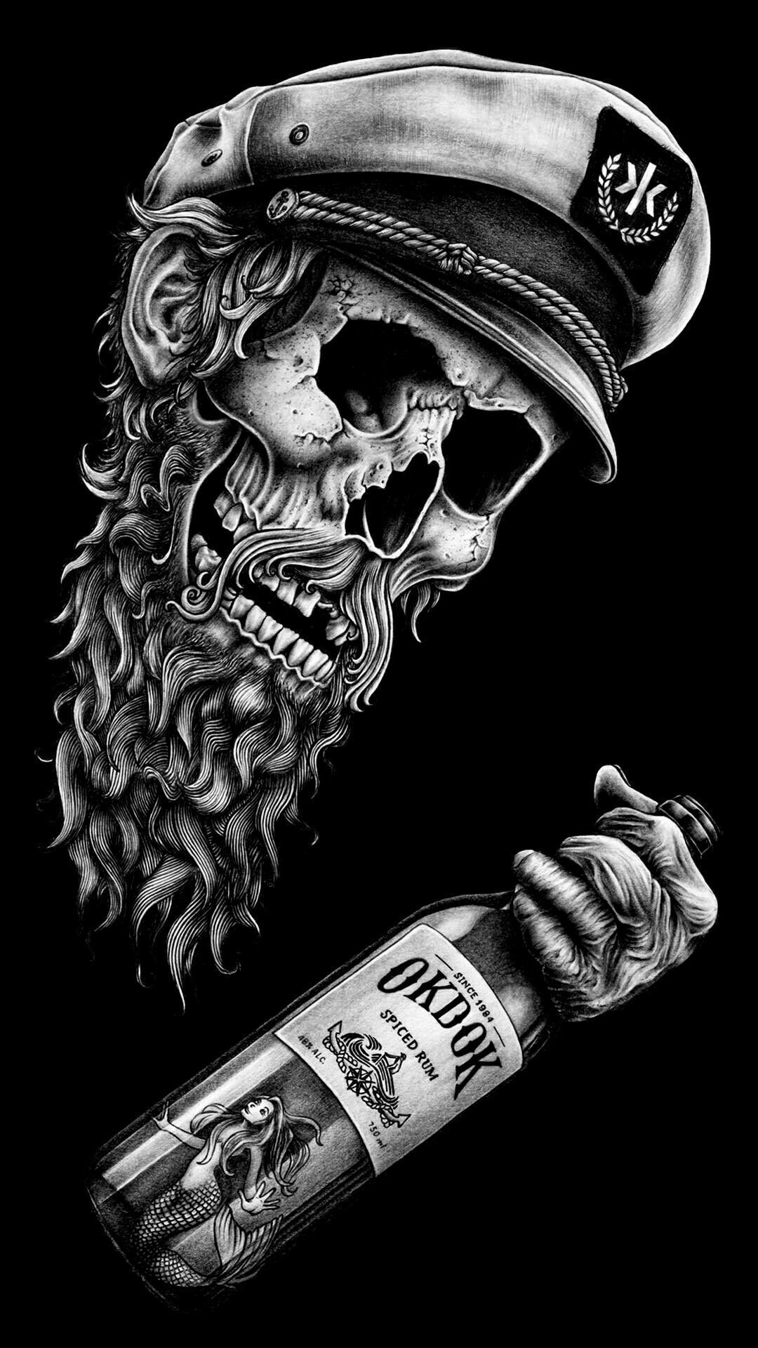 Skull with beard and hat holding a bottle - Clown