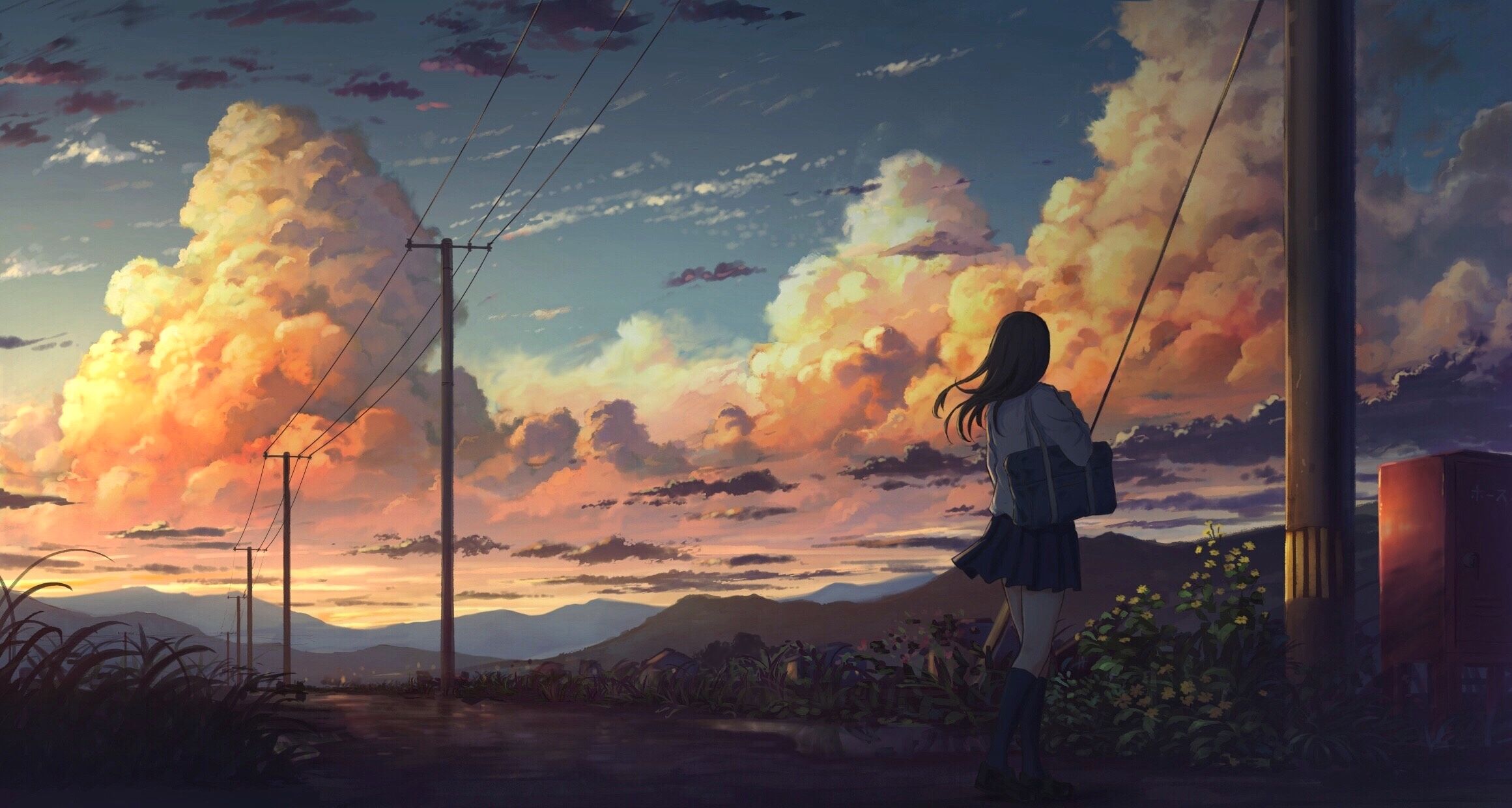 Download 3840x2160 Anime Landscape, Anime Girl, Clouds, Scenic, Sky Wallpaper for UHD TV