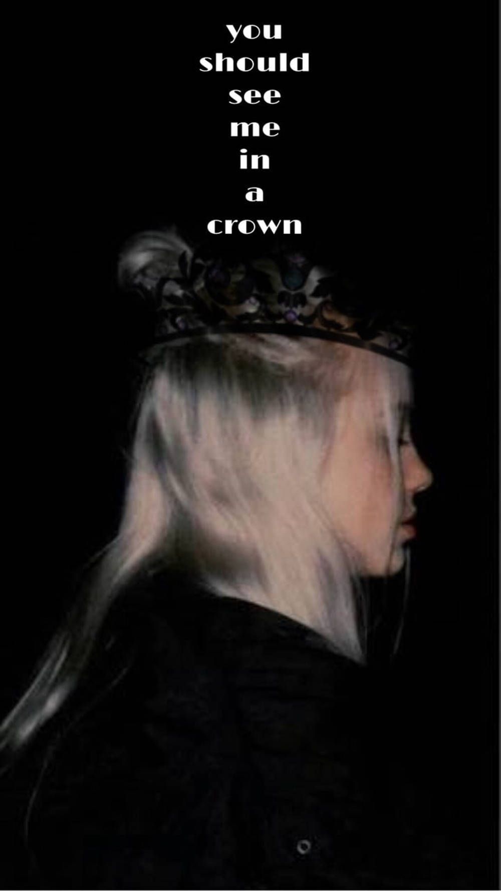 A poster of the girl with long hair and crown - Billie Eilish