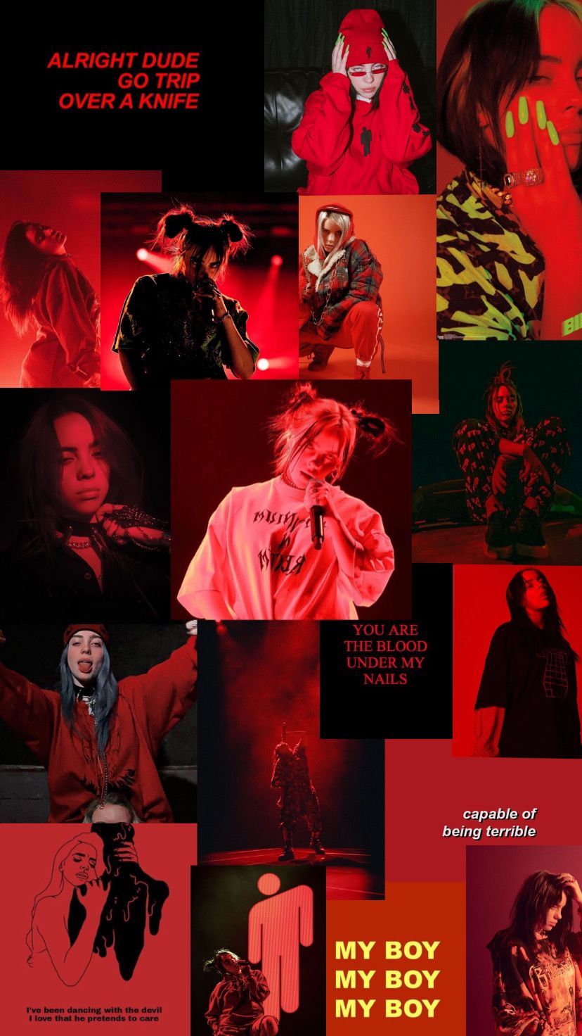 A collage of pictures with red and black - Billie Eilish