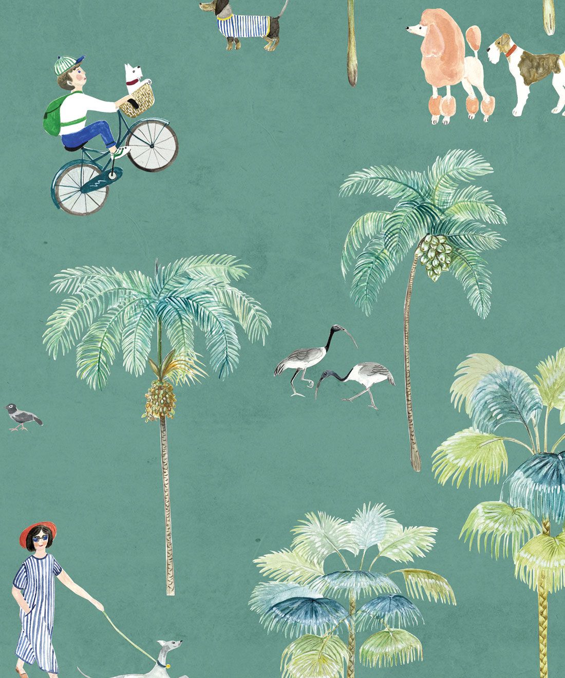 A pattern featuring a woman walking a dog, a man on a bike, and various other animals and objects. - 50s